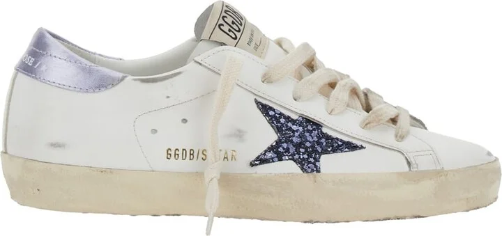 'superstar' White Low Top Sneakers With Glittered Star Patch And Laminated Heel With Logo Lettering In Leather Woman