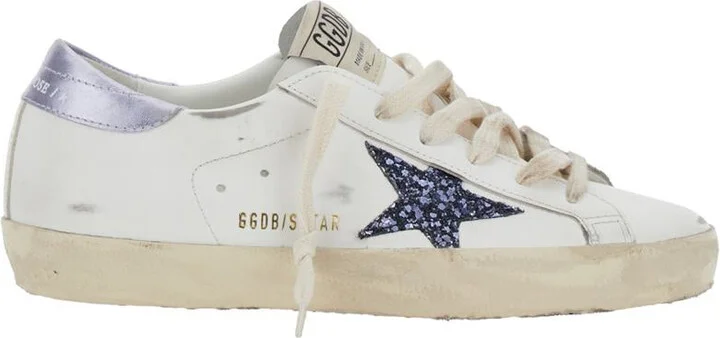 'Superstar' White Low Top Sneakers With Glittered Star Patch And Laminated Heel With Logo Lettering In Leather Woman
