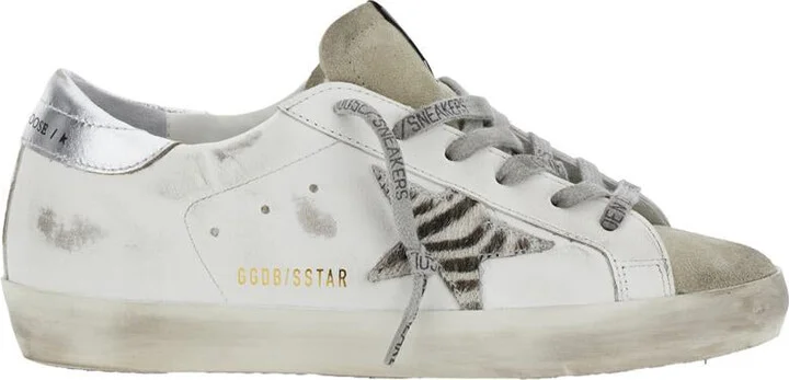 'Superstar' White Low Top Sneakers With Glittered Star Patch And Laminated Heel With Logo Lettering In Leather Woman