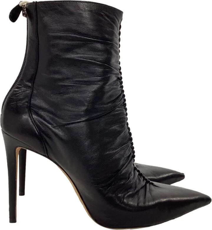 Susanna Ruched Heeled Ankle Boots in Black Leather
