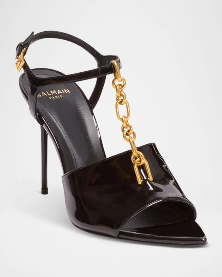 Sync Patent Leather Chain T-Strap Stiletto Sandals - Image 8