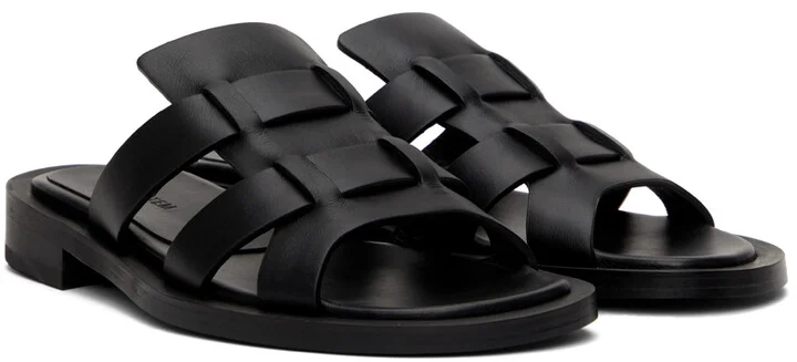 System Black Leather Flat Sandals - Image 4