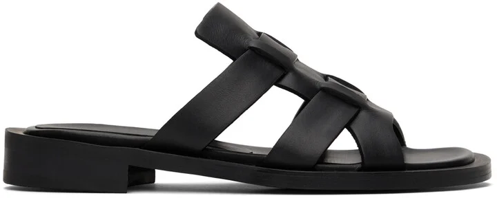 System Black Leather Flat Sandals