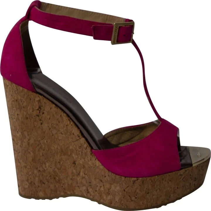 T-Bar Peep Toe Wedge in Pink Suede