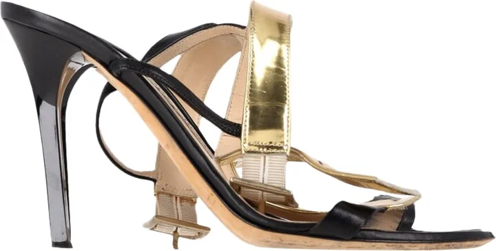 T-Strap Heel Sandals in Black and Gold Leather