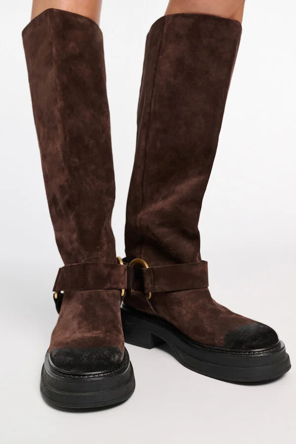Tall waxed suede combat boots with signature D-ring - Image 5