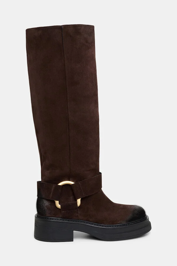 Tall waxed suede combat boots with signature D-ring