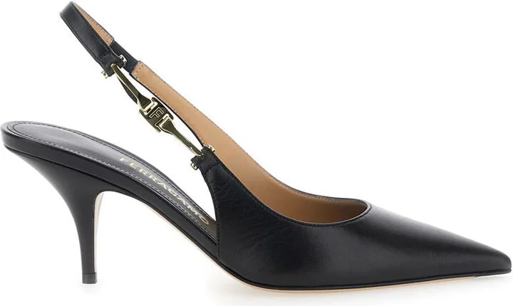 'Tally' Black Slingback Pumps With Medium Stiletto Heel In Leather Woman