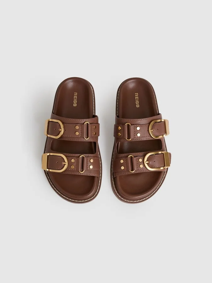 Tan Leather Buckled Slip-on Sandals - Image 3