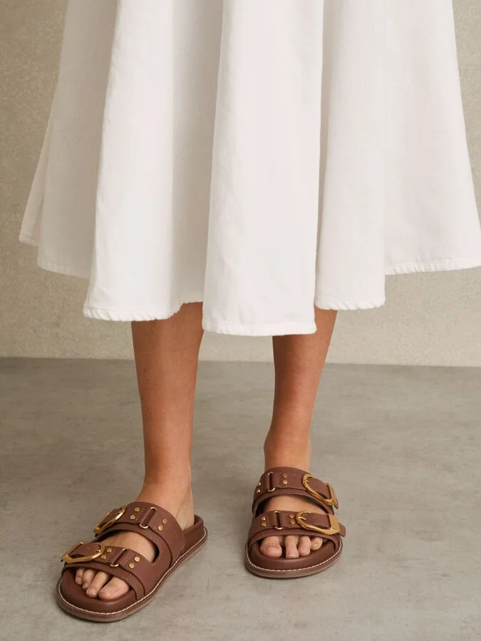 Tan Leather Buckled Slip-on Sandals - Image 5
