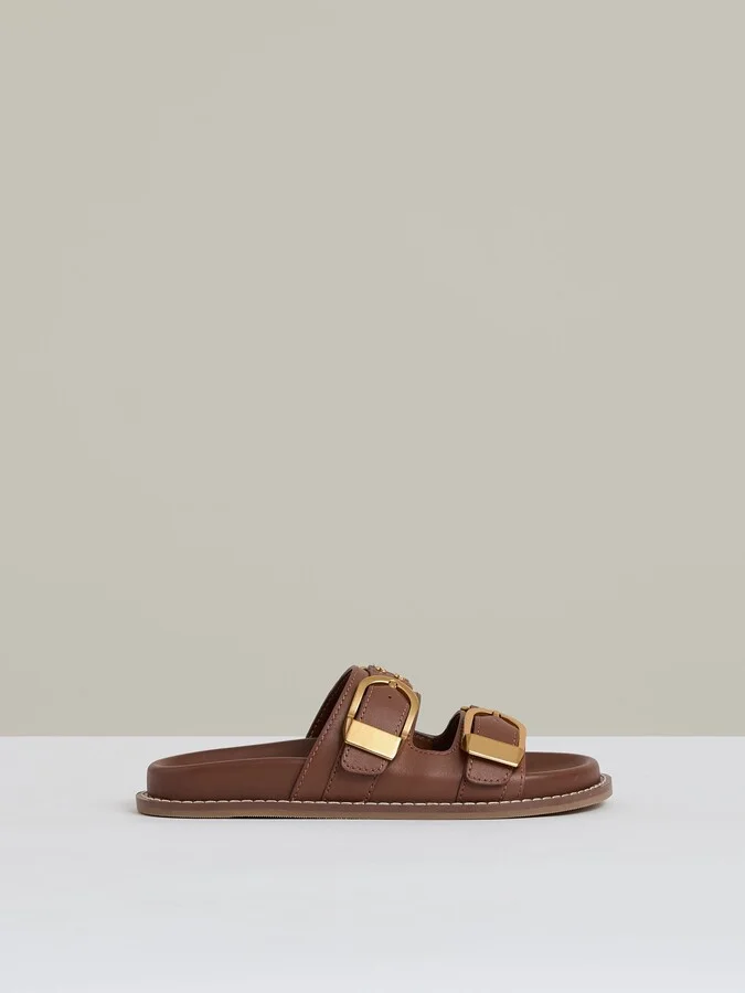 Tan Leather Buckled Slip-on Sandals