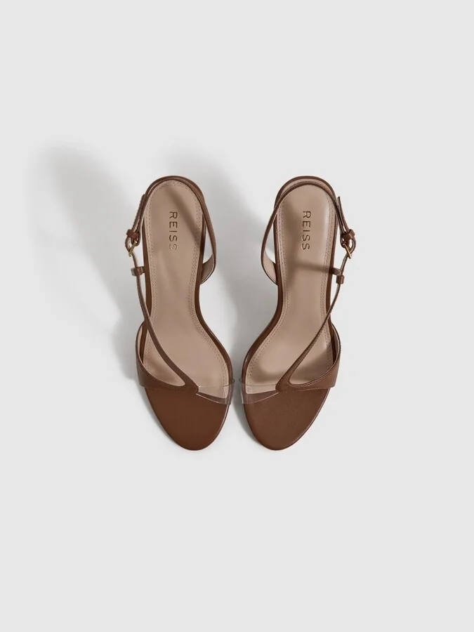 Tan Leather Clear Strap Block Heels - Image 3