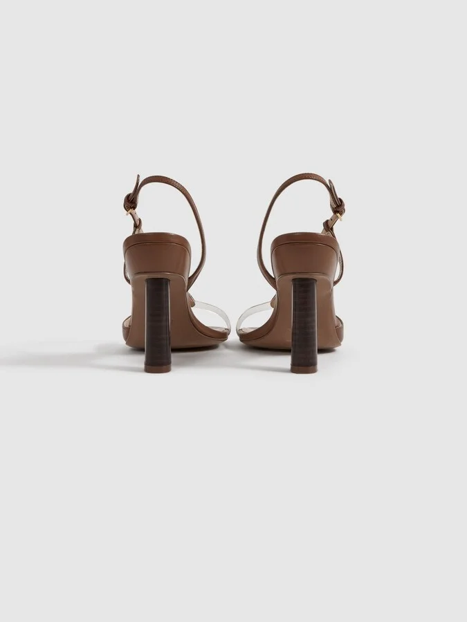 Tan Leather Clear Strap Block Heels - Image 4