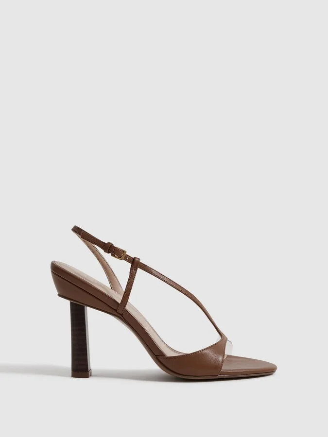 Tan Leather Clear Strap Block Heels
