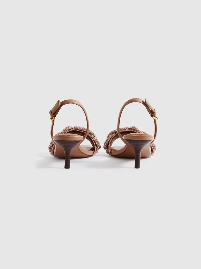 Tan Leather Embellished Knot Kitten Heels - Image 3