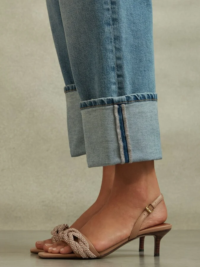 Tan Leather Embellished Knot Kitten Heels - Image 4