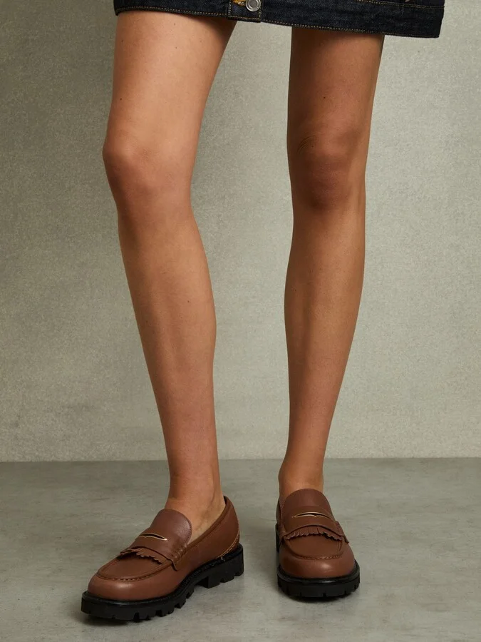 Tan Leather Fringed Chunky Penny Loafers - Image 2