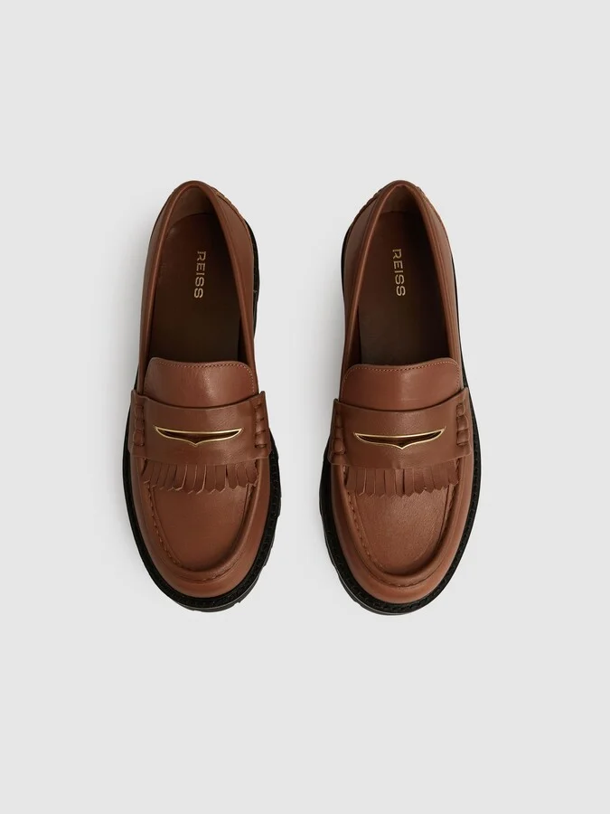 Tan Leather Fringed Chunky Penny Loafers - Image 3