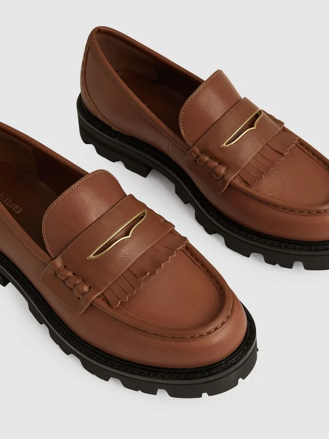 Tan Leather Fringed Chunky Penny Loafers - Image 4