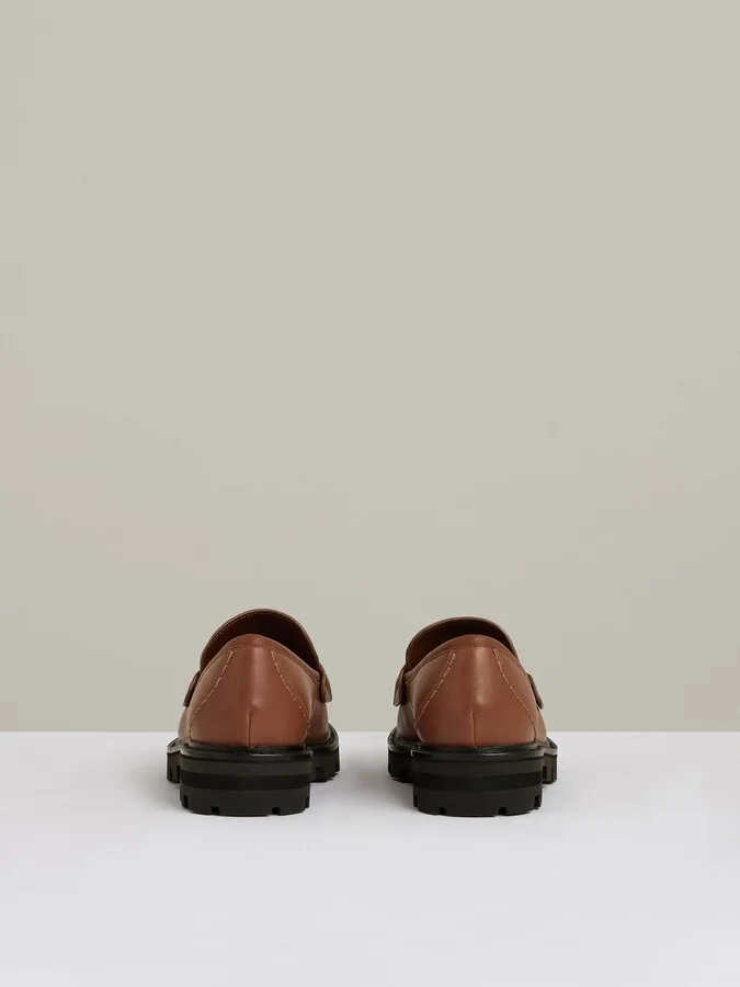 Tan Leather Fringed Chunky Penny Loafers - Image 5