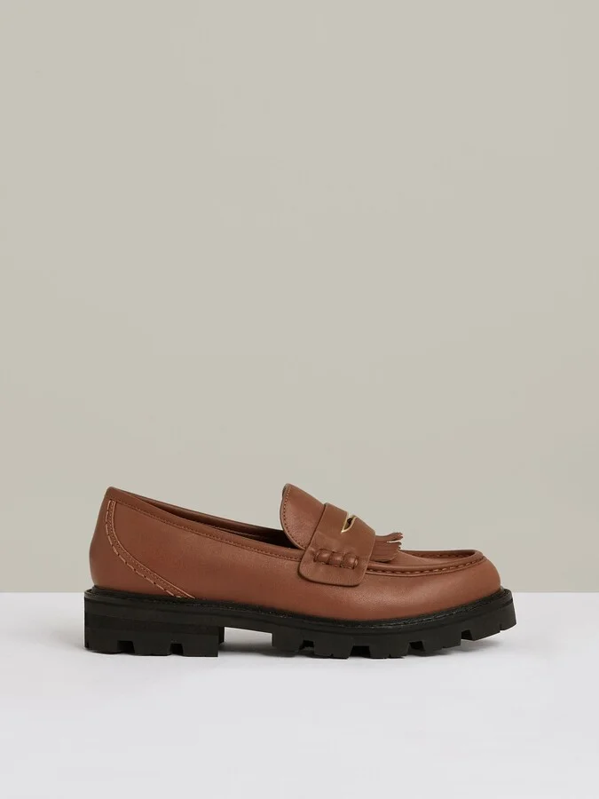 Tan Leather Fringed Chunky Penny Loafers