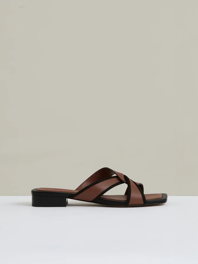 Tan Leather Link-strap Slip-on Sandals