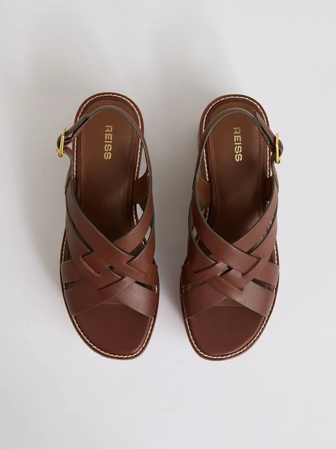 Tan Leather Wedge Platform Sandals - Image 3