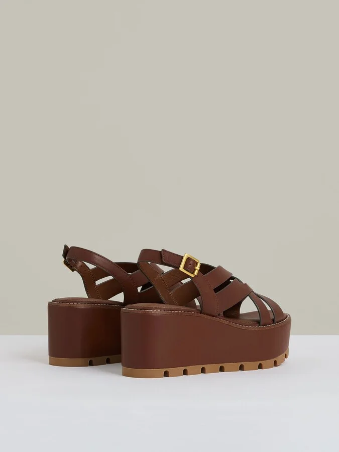 Tan Leather Wedge Platform Sandals - Image 4