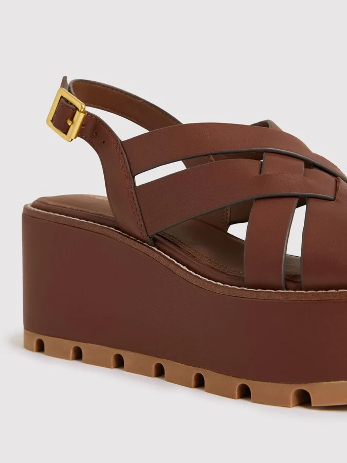 Tan Leather Wedge Platform Sandals - Image 5