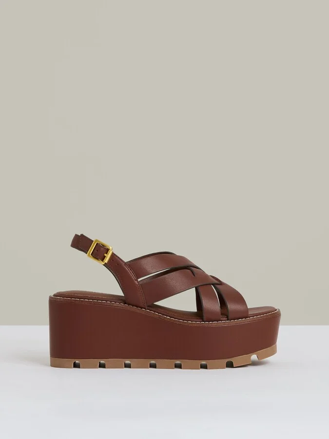 Tan Leather Wedge Platform Sandals