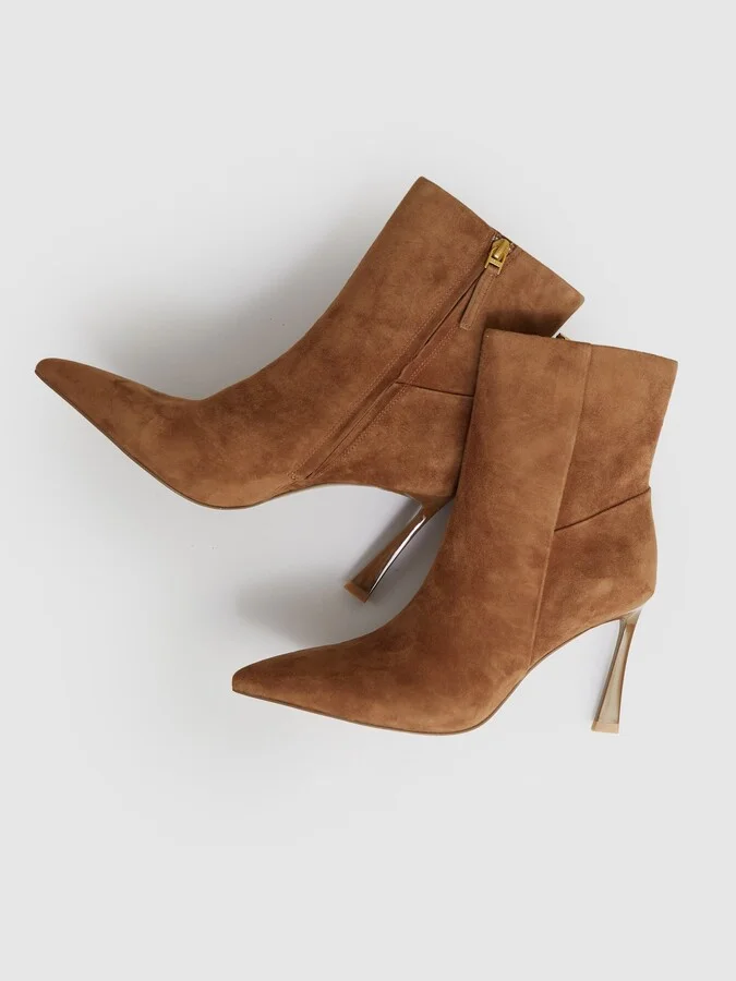 Tan Suede High Heeled Ankle Boots - Image 3