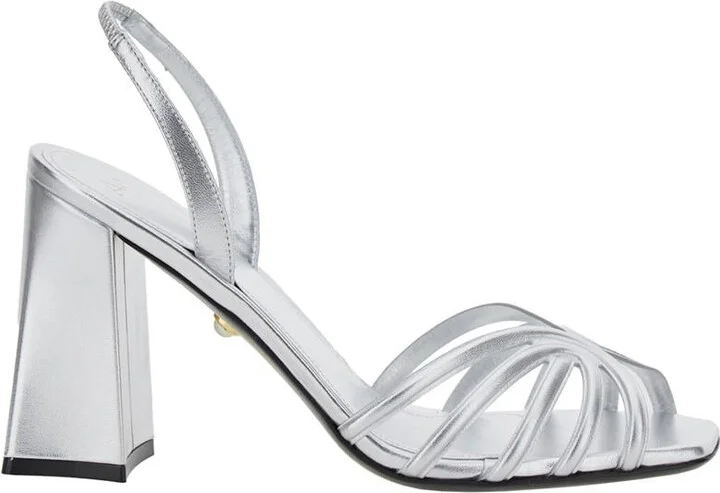 'Tara' Metallic Sandals With Elastic Ankle Strap And Block Heel In Leather Woman