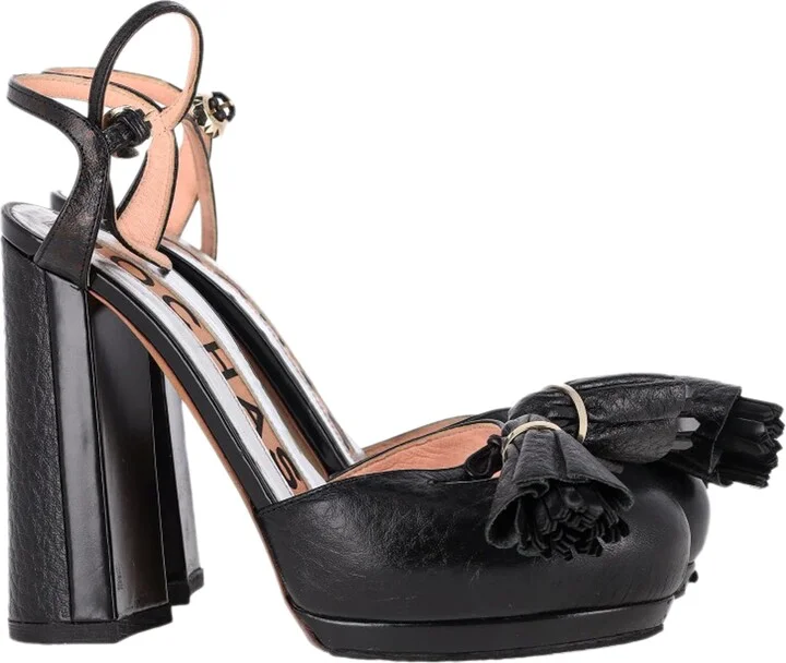 Tassel Detail Ankle Strap Platform Sandals in Black Leather