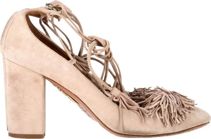 Tassel Fringed Block Heel Pumps in Nude Suede