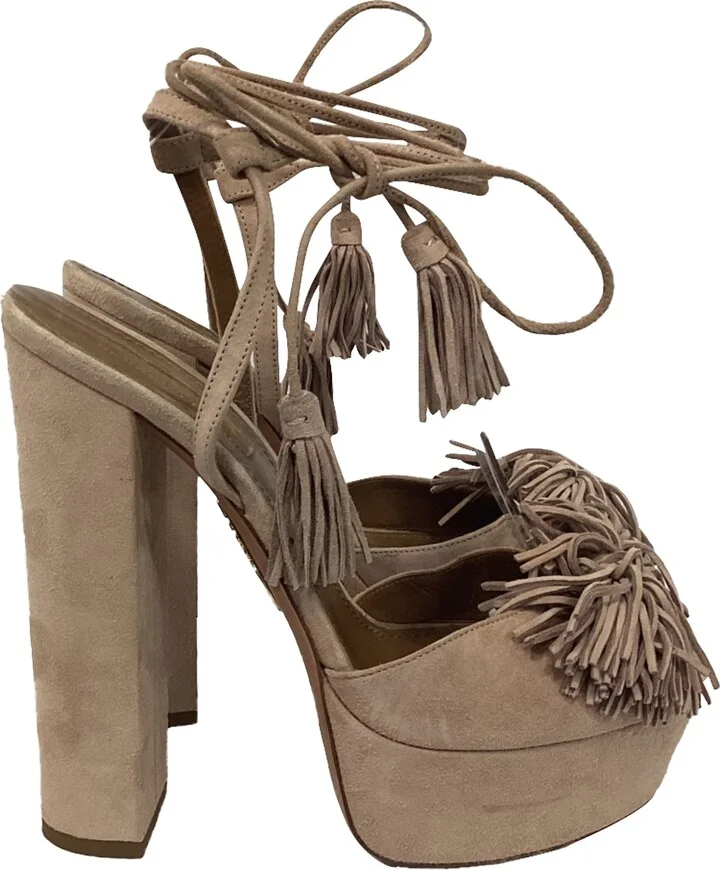 Tasseled Platform Sandal Heels in Brown Suede
