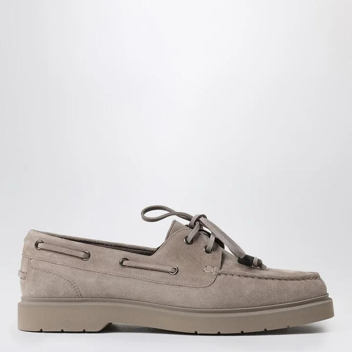 Taupe grey suede boat loafer