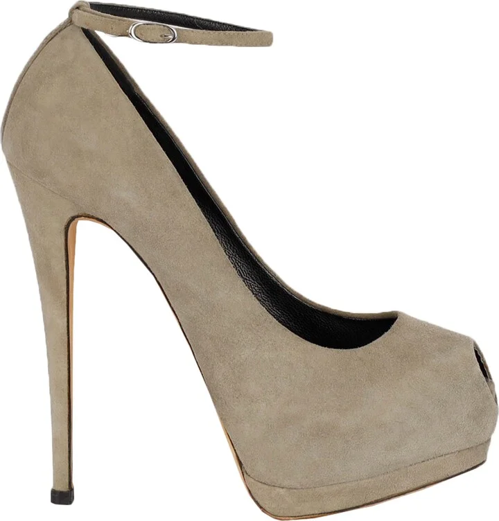 Taupe Suede Platform Pumps with Ankle Closure - '20s