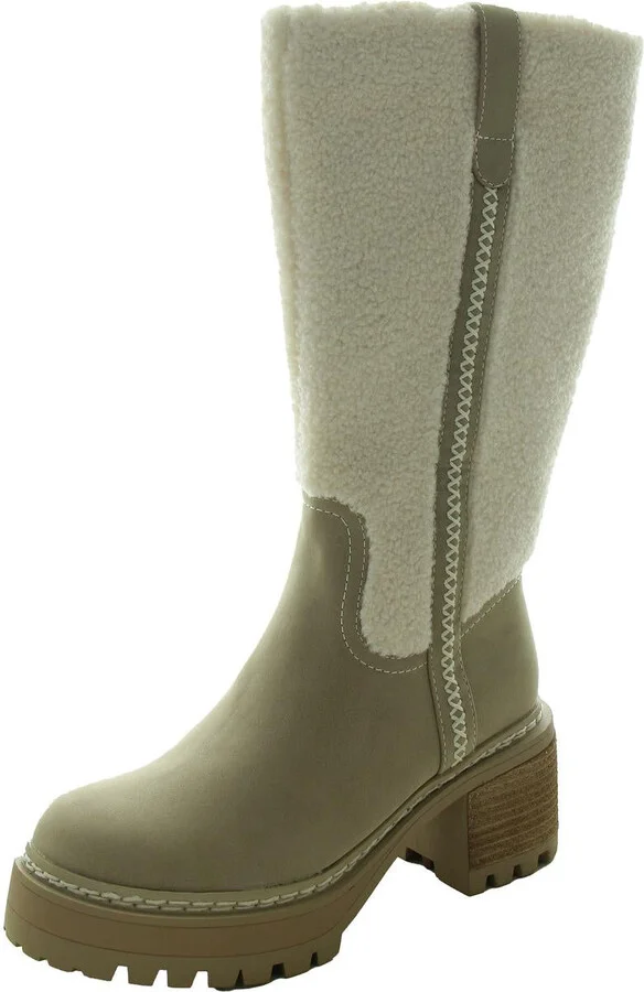 Teirson Womens Block Heel Faux Fur Knee-High Boots