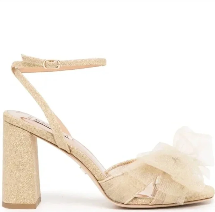 Tess Tulle Bow Sandals In Gold