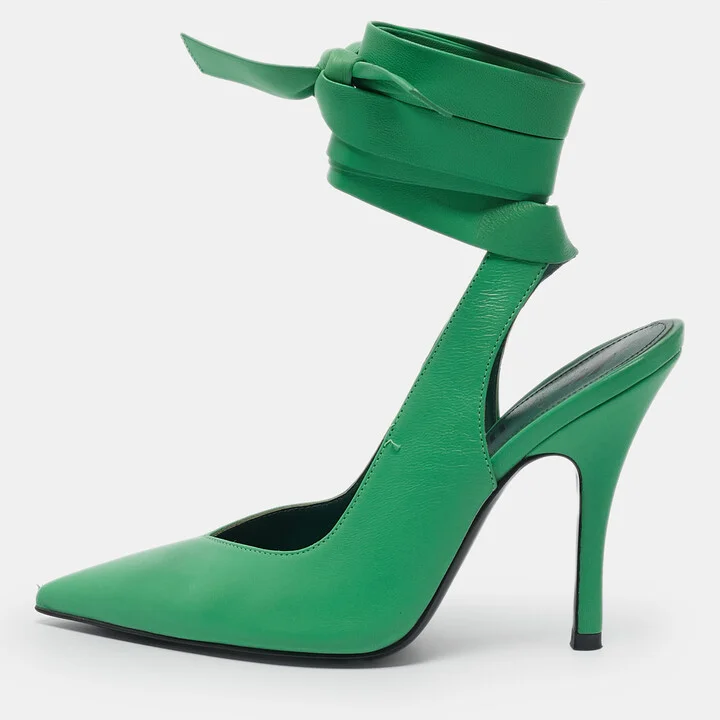 The Attico Green Leather Venus Ankle Wrap Pointed Toe Pumps Size 37