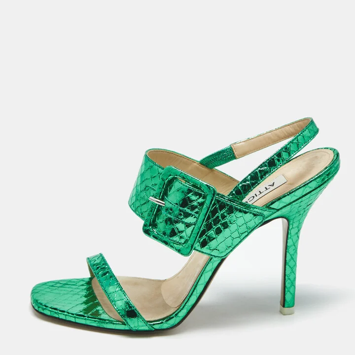 The Attico Green Python Embossed Leather Mariah Ankle Strap Sandals Size 39