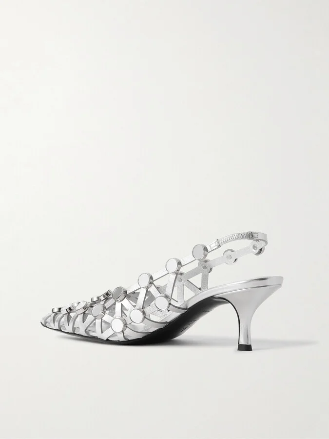 The Attico - Grid Studded Metallic Leather Slingback Pumps - Silver - Image 3