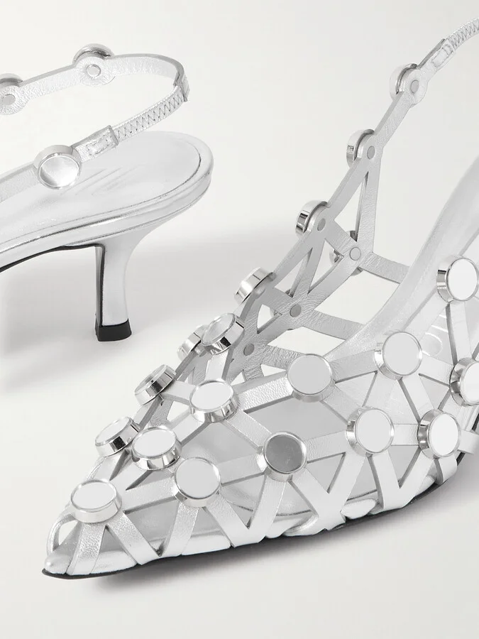 The Attico - Grid Studded Metallic Leather Slingback Pumps - Silver - Image 4
