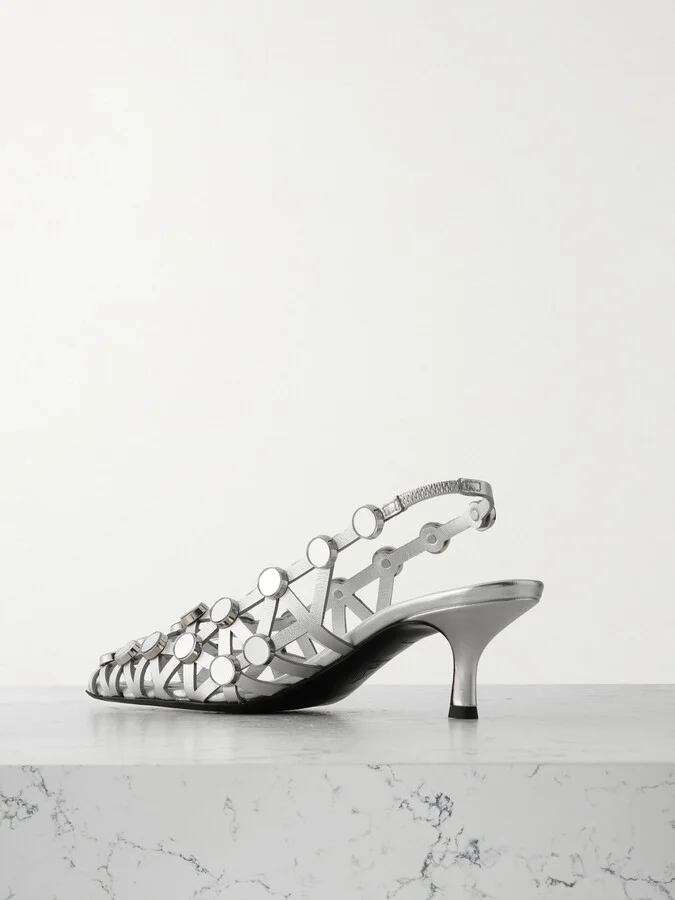 The Attico - Grid Studded Metallic Leather Slingback Pumps - Silver - Image 3
