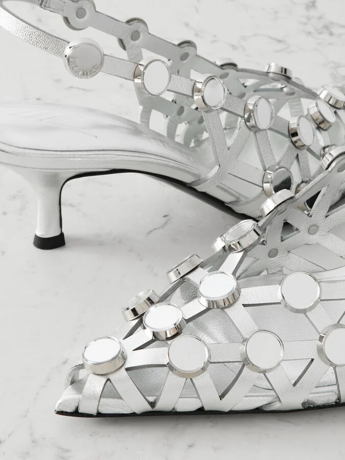 The Attico - Grid Studded Metallic Leather Slingback Pumps - Silver - Image 4
