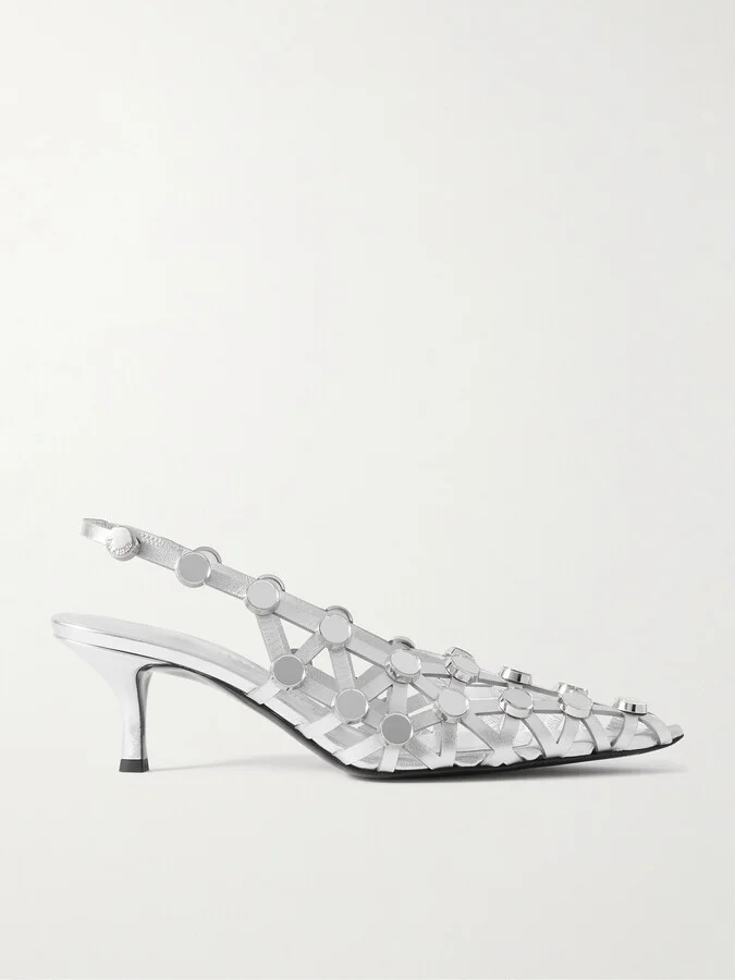 The Attico - Grid Studded Metallic Leather Slingback Pumps - Silver