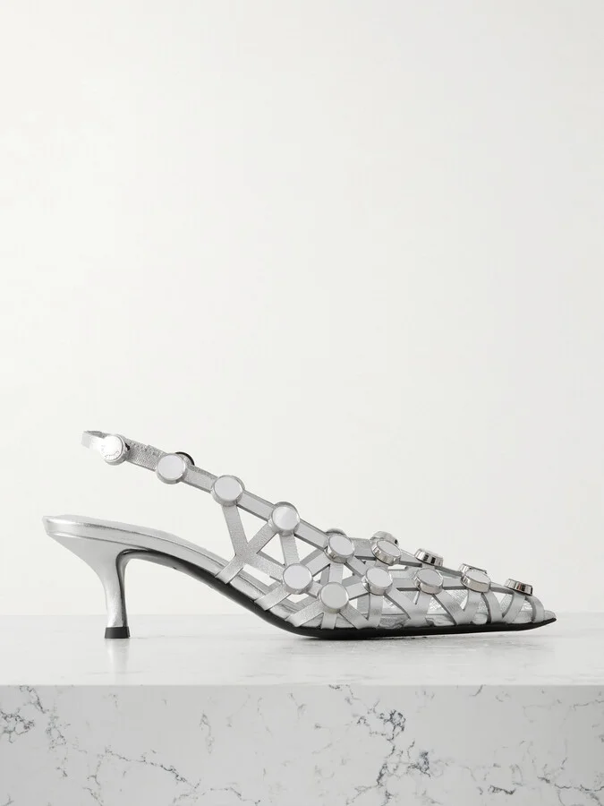 The Attico - Grid Studded Metallic Leather Slingback Pumps - Silver