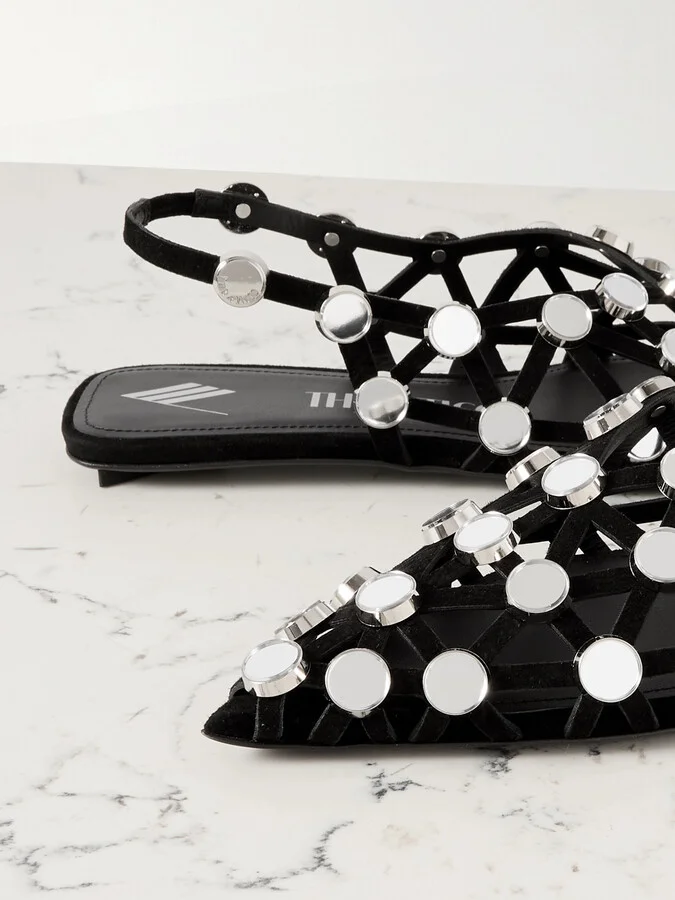 The Attico - Grid Studded Suede Slingback Point-toe Flats - Black - Image 4