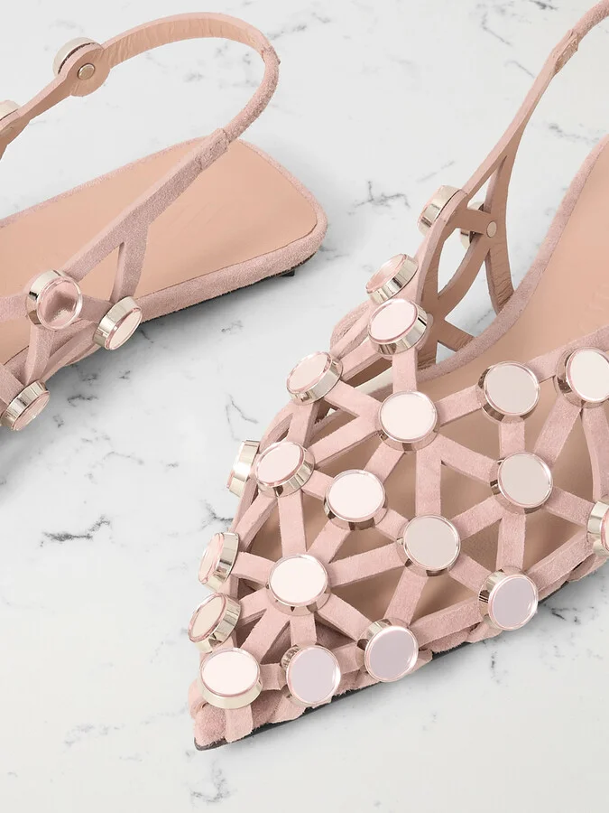 The Attico - Grid Studded Suede Slingback Point-toe Flats - Neutrals - Image 4