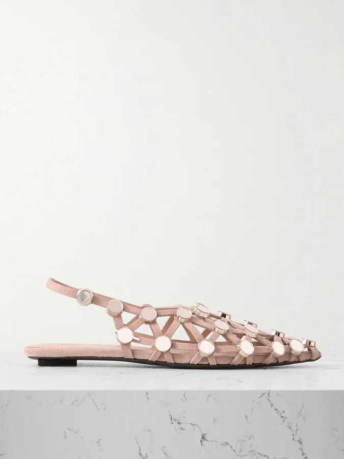 The Attico - Grid Studded Suede Slingback Point-toe Flats - Neutrals